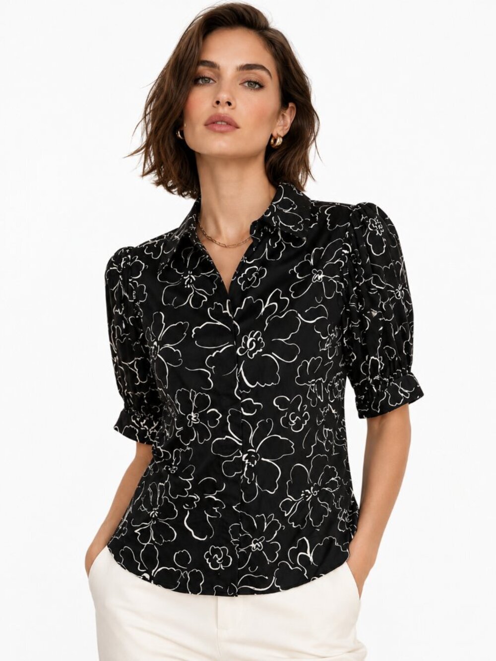 Elie Tahari Puff Sleeve Floral Blouse Black White Button Down Cotton Art Size XS